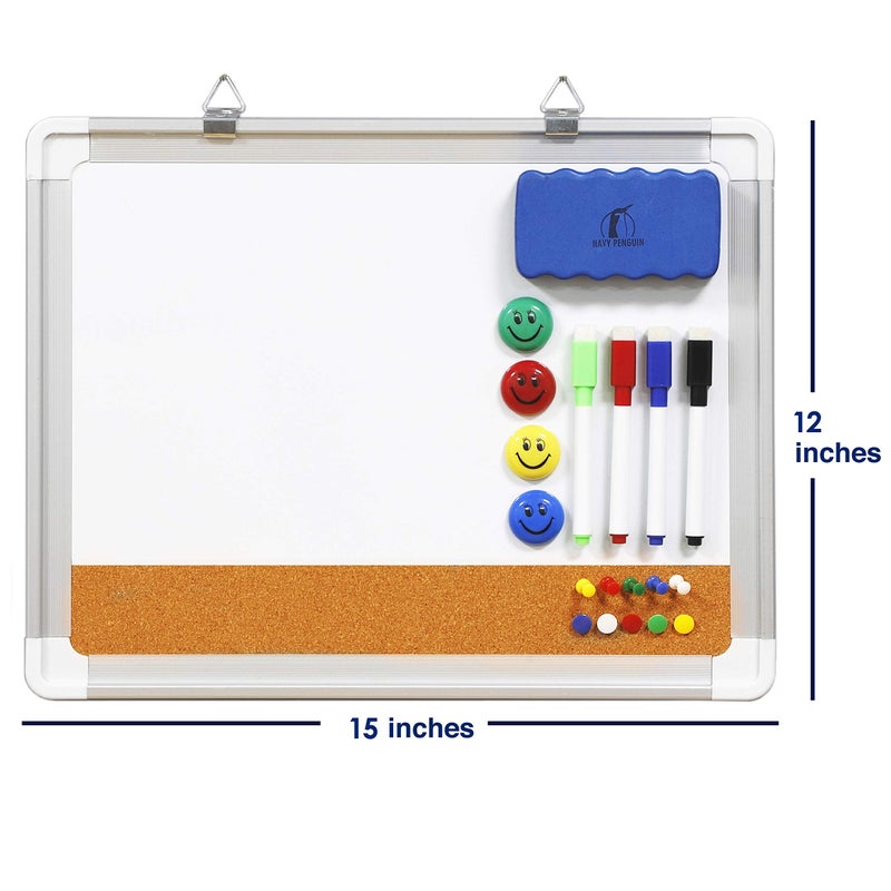 Navy Penguin White Board Cork Board Combo - 15x12 in Dry Erase Board with Cork and 1 Magnetic Eraser, 4 Dry Wipe Markers, 4 Magnets and 10 Pins - Wall Hanging Whiteboard with Corkboard for Home and Office (15x12) - Image 2